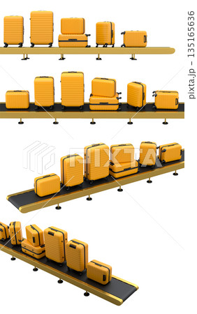 Set of Airport luggage conveyor belt or manufacture line with baggage on white. Set of Airport luggage conveyor belt or manufacture line with baggage on white. 135165636