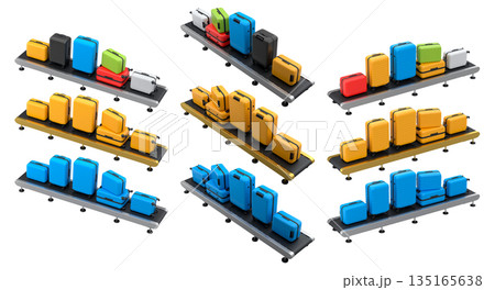 Set of Airport luggage conveyor belt or manufacture line with baggage on white. 135165638