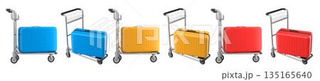 Set of Regular suitcase on hotel trolley cart for carrying baggage on white background 135165640