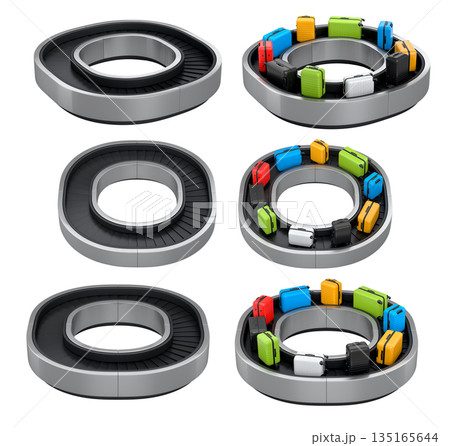 Set of Airport luggage conveyor belt or baggage claim area with suitcases on white. 135165644