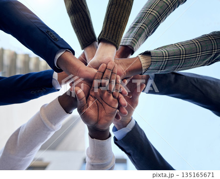 Group, hands and together in circle for celebration, collaboration or people in business, company and teamwork. Businesspeople, below and celebrate success, deal or outdoor workplace team building Group, hands and together in circle for celebration, collaboration or people in business, company and teamwork. Businesspeople, below and celebrate success, deal or outdoor workplace team building 135165671