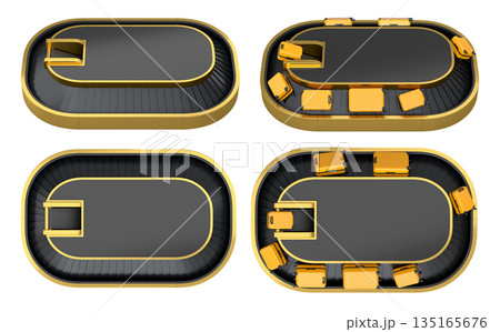 Set of Airport luggage conveyor belt or baggage claim area with suitcases on white. 135165676