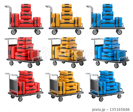 Set of Regular suitcase on hotel trolley cart for carrying baggage on white background 135165686