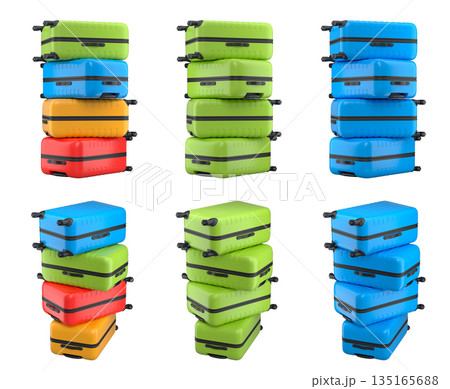Set of Regular suitcase on hotel trolley cart for carrying baggage on white background 135165688