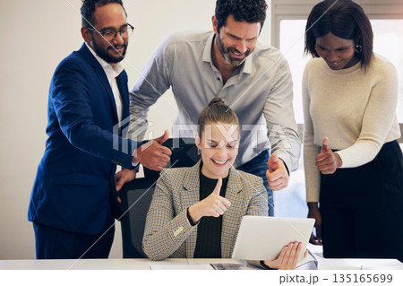 Business people, tablet and video call with thumbs up for winning, promotion or team approval at office. Group of happy employees on technology in virtual meeting with thumb emoji, yes sign or like 135165699