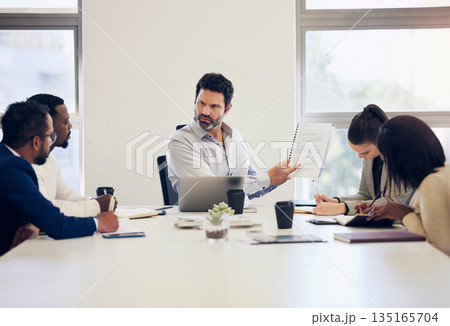 Businessman, documents and coaching in boardroom meeting for team project, planning or strategy at office. Business people, coach and training staff with paperwork or document for plan at workplace Businessman, documents and coaching in boardroom meeting for team project, planning or strategy at office. Business people, coach and training staff with paperwork or document for plan at workplace 135165704