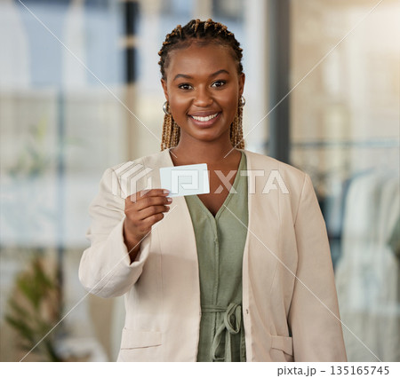 Portrait, business card and black woman with paper, smile and information for startup, career and professional. Face, female person or entrepreneur holding poster, details or mockup with presentation Portrait, business card and black woman with paper, smile and information for startup, career and professional. Face, female person or entrepreneur holding poster, details or mockup with presentation 135165745