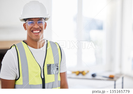 Portrait, contractor and man with a smile, construction and building project with vest, helmet and architecture. Face, male person and handyman with industrial success, professional and entrepreneur Portrait, contractor and man with a smile, construction and building project with vest, helmet and architecture. Face, male person and handyman with industrial success, professional and entrepreneur 135165779