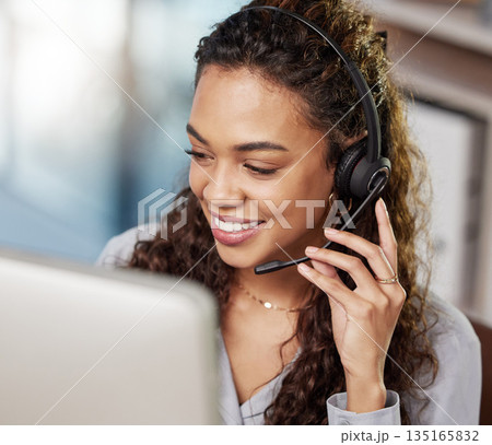 Young woman, call center and listening with computer, microphone or smile for telemarketing job. Happy female consultant, face and headphones for customer service, technical support and crm at agency Young woman, call center and listening with computer, microphone or smile for telemarketing job. Happy female consultant, face and headphones for customer service, technical support and crm at agency 135165832