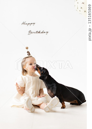 A young girl celebrates her third birthday with a playful kiss from her dachshund dog, creating a heartwarming moment. 135165869