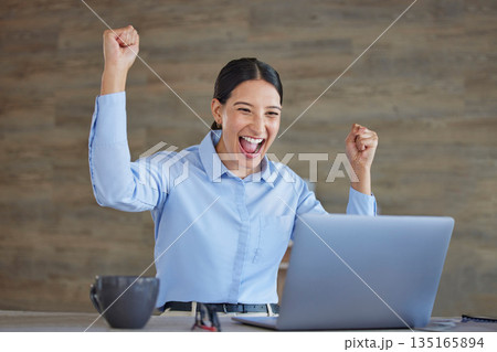 Happy woman at desk with laptop, excited for good news, promotion or winning deal on email in office. Happiness, celebration and success, online trader at start up and winner feedback on bonus stocks Happy woman at desk with laptop, excited for good news, promotion or winning deal on email in office. Happiness, celebration and success, online trader at start up and winner feedback on bonus stocks 135165894