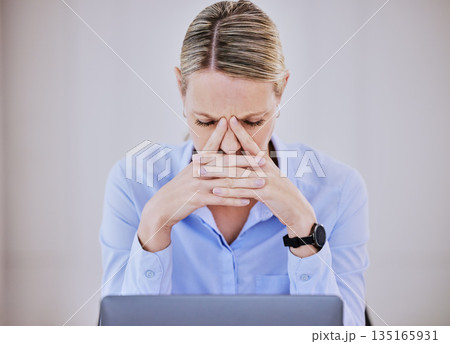 Business woman, headache and computer fail at a company with fatigue and stress from 404 error. Audit problem, female employee and pain from tech work and debt report in a office with pc mistake 135165931