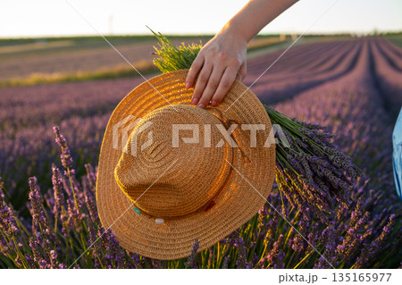 Lifestyle and travel concept featuring lavender field, straw hat, and fresh lavender bouquet. Lifestyle and travel concept featuring lavender field, straw hat, and fresh lavender bouquet. 135165977