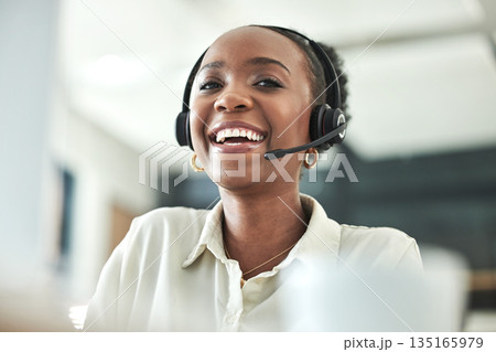 Black woman, call center and laugh portrait with a smile in a office with contact us work. Telemarketing, consulting job and African female employee with consultation and customer service at company 135165979