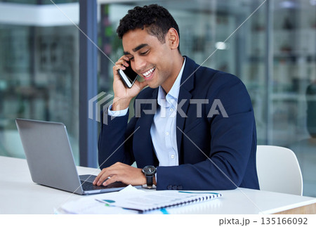 Business, phone call and man with a laptop, professional and confidence with connection, communication and technology. Male person, employee and consultant with a smartphone, typing and conversation 135166092