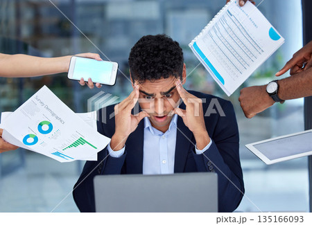 Debt, paperwork and businessman with work pressure due to tax or fail startup in an office and scared in a company. Anxious, headache and frustrated employee with a stress and tired due to a crisis 135166093