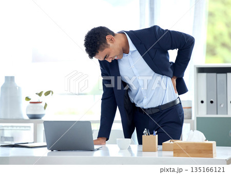 Business, stress and man with back pain, health issue and consultant with muscle tension, strain and discomfort. Male person, employee and agent with posture problems, medical injury and overworked Business, stress and man with back pain, health issue and consultant with muscle tension, strain and discomfort. Male person, employee and agent with posture problems, medical injury and overworked 135166121