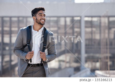 Travel, happy and businessman walking in the city to his office building in the morning. Confidence, backpack and professional male employee with a smile commuting to work in an urban town street. 135166213