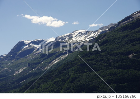 ノルウェーのハダンゲンフィヨルドの山並み 135166260