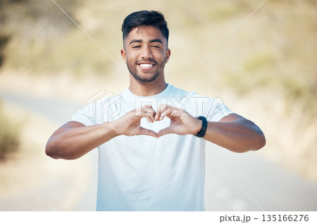 Happy man, fitness and portrait with heart hands in nature for cardio health or workout exercise outdoors. Fit, active or sport male person, athlete or runner with loving emoji and smile for training Happy man, fitness and portrait with heart hands in nature for cardio health or workout exercise outdoors. Fit, active or sport male person, athlete or runner with loving emoji and smile for training 135166276