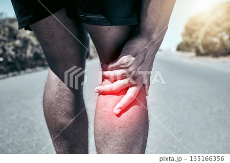 Athlete, pain and joint with closeup in the outdoor with exercise for sports injury from a workout.Training, road and knee injury with accident for fitness and medical emergency with leg for health. 135166356
