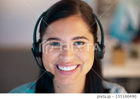 Call center, face and woman smile in office for telemarketing, customer service and business support. Portrait, contact us and happy female sales agent, crm consultant or professional from Australia. 135166490