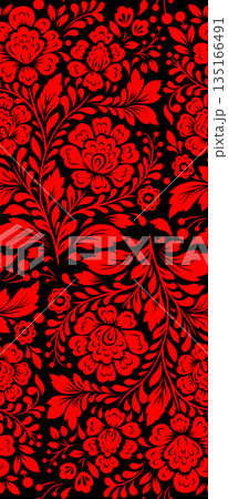 Vector decorative tracery floral pattern. Lace texture. Monochrome ornament with red flowers on black background 135166491