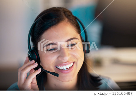 Call center, smile and business woman in office for customer service, telemarketing or support. Crm, contact us and happy female sales agent, consultant or employee working, consulting and help desk. 135166497