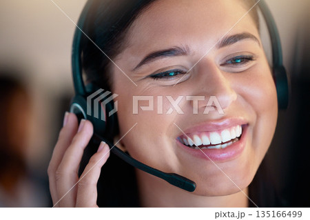 Call center, happy and woman in office for customer service, telemarketing or support. Contact us, crm and female sales agent, consultant or professional working, consulting or help desk for business 135166499