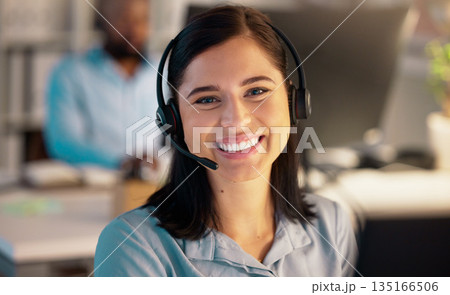 Call center, portrait and business woman in office for customer service, telemarketing or support at night. Face, smile and female sales agent, consultant or employee working on consulting deadline. Call center, portrait and business woman in office for customer service, telemarketing or support at night. Face, smile and female sales agent, consultant or employee working on consulting deadline. 135166506