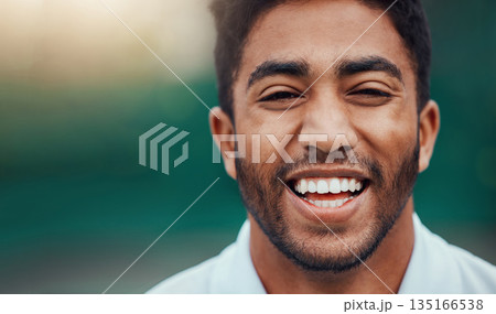 Sports, closeup and portrait of happy man with fitness mindset, confidence and mockup space. Workout goals, smile and face of male athlete with motivation for health, wellness and zoom on happiness. Sports, closeup and portrait of happy man with fitness mindset, confidence and mockup space. Workout goals, smile and face of male athlete with motivation for health, wellness and zoom on happiness. 135166538