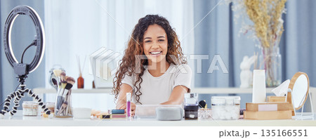 Portrait of makeup influencer, smile and woman streaming tutorial for beauty, fashion and broadcast for cosmetics. Live stream, product and happy face of content creator girl or make up artist vlog. Portrait of makeup influencer, smile and woman streaming tutorial for beauty, fashion and broadcast for cosmetics. Live stream, product and happy face of content creator girl or make up artist vlog. 135166551