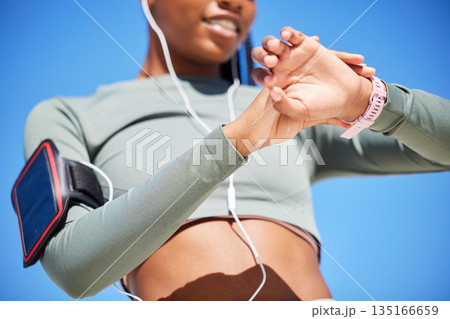 Fitness, smart watch and black woman with progress, outdoor or checking time with workout goal, training or earphones. Female person, girl or athlete with tracker, activity or cellphone with practice Fitness, smart watch and black woman with progress, outdoor or checking time with workout goal, training or earphones. Female person, girl or athlete with tracker, activity or cellphone with practice 135166659