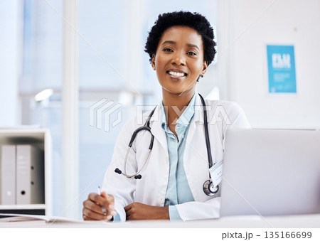 Medical, notebook and doctor with portrait of black woman for planning, schedule and research. Medicine, healthcare and report with employee writing in clinic for consulting, results and study 135166699
