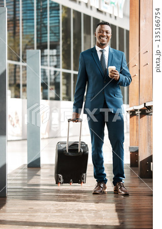 Travel, business and portrait of black man with suitcase for international conference, global trip and meeting. Corporate, luggage and male entrepreneur with coffee for journey, commute or convention 135166754