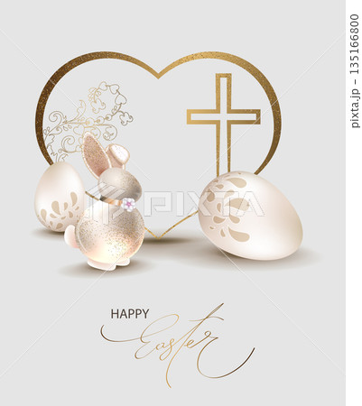 Happy Easter. Isolated design element with a heart silhouette, Easter eggs, and a cute bunny 135166800
