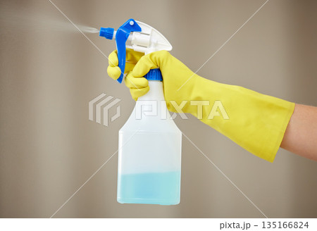 Hand, cleaning and spray for house work, home hygiene and spring clean in apartment with gloves. Hands, bottle spraying and washing product for housekeeper, maid and health protection from virus Hand, cleaning and spray for house work, home hygiene and spring clean in apartment with gloves. Hands, bottle spraying and washing product for housekeeper, maid and health protection from virus 135166824