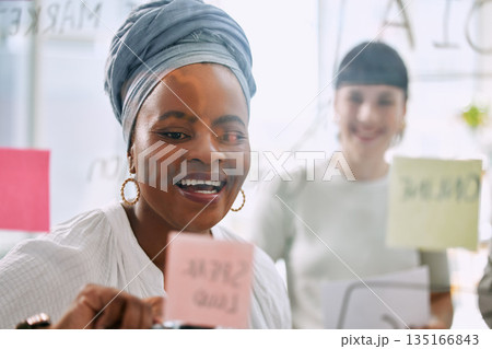 Teamwork, planning and business people on glass board in brainstorming, project workflow and happy for goals. Diversity employees or African woman ideas, collaboration and solution on sticky notes 135166843