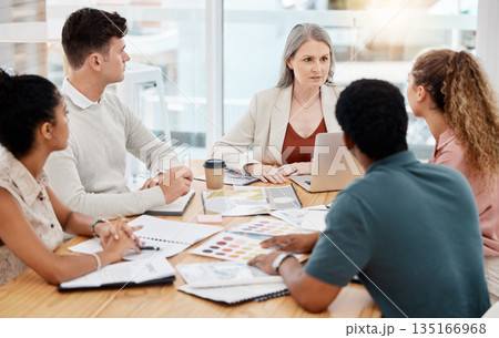 Meeting, color palette and business people for creative project, brand development, documents and manager. Talking, brainstorming and graphic designer, agency or CEO woman for project or staff ideas 135166968