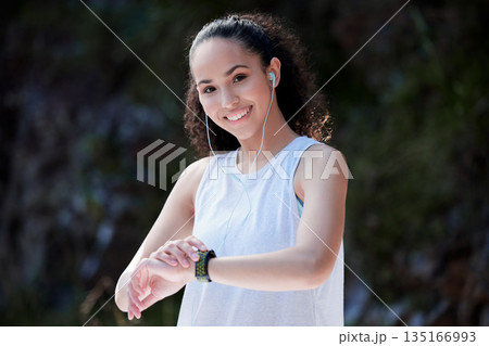 Smart watch, fitness and portrait of woman in nature for exercise, training and workout with music. Sports, motivation and happy female person check time for heart rate, wellness and performance 135166993