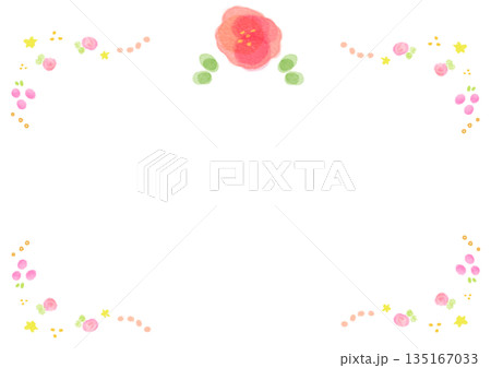 花と星の水彩風フレーム背景 横 135167033