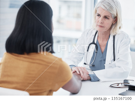Empathy, compassion and holding hands of doctor and patient for medical, trust and advice. Medicine, healthcare and help with women in hospital consulting room for depression, support and hope 135167100