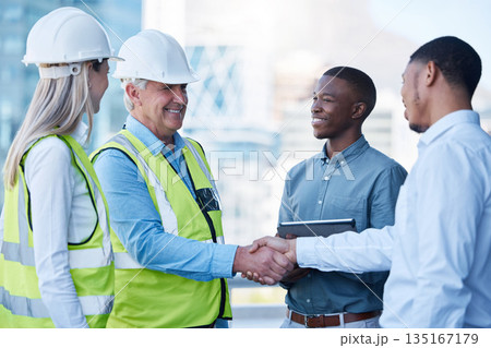 Building deal, happy and people with handshake on site for construction job, logistics and meeting. B2b, support and engineers shaking hands with a black man for a maintenance or inspection contract Building deal, happy and people with handshake on site for construction job, logistics and meeting. B2b, support and engineers shaking hands with a black man for a maintenance or inspection contract 135167179