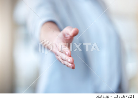 Business woman, handshake and meeting for deal, b2b agreement or hiring in recruitment at the office. Hand of female employee shaking hands for introduction, welcome or recruiting at the workplace Business woman, handshake and meeting for deal, b2b agreement or hiring in recruitment at the office. Hand of female employee shaking hands for introduction, welcome or recruiting at the workplace 135167221