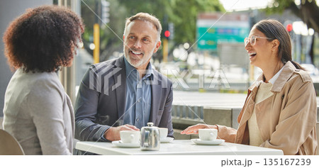 Business people, coffee shop and meeting for discussion, smile or team building for planning in morning. Businessman, women and teamwork at cafe with happiness for vision, motivation or brainstorming Business people, coffee shop and meeting for discussion, smile or team building for planning in morning. Businessman, women and teamwork at cafe with happiness for vision, motivation or brainstorming 135167239