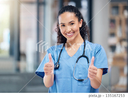 Happy woman, doctor and portrait with thumbs up for winning, success or good job in healthcare at hospital. Female person or medical professional with thumb emoji, yes sign or like for goal at clinic 135167253