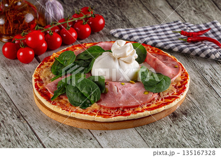 Pizza with mortadella and burrata Pizza with mortadella and burrata 135167328
