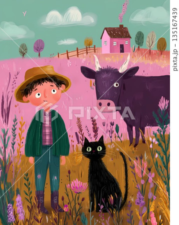 Little Boy with Black Cat and Cow in Colorful Countryside  Whimsical Children Illustration 135167439