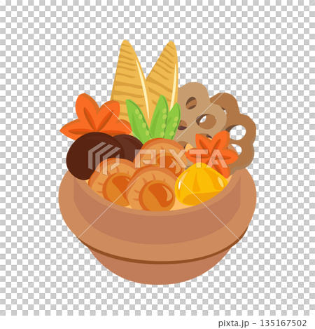 Illustration of a Japanese-style rice pot dish with lots of ingredients Illustration of a Japanese-style rice pot dish with lots of ingredients 135167502
