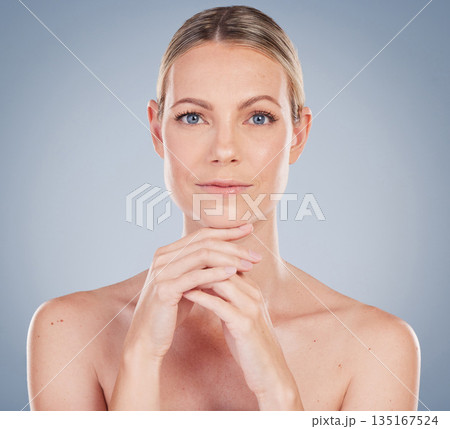 Beauty, skincare and natural with portrait of woman in studio for facial, cosmetics and makeup. Self care, wellness and mockup with face of model on grey background for glow, luxury and collagen 135167524